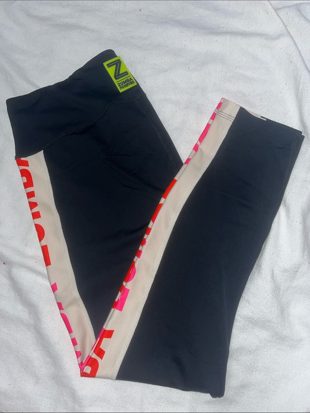 Zumba Fitness Black Leggings with Pink and Cream Side Panels